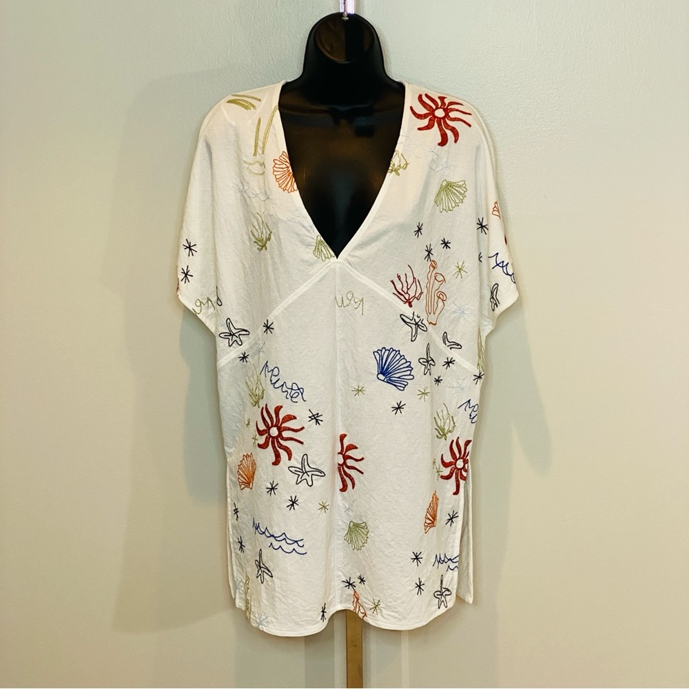 ZARA White V-Neck Ocean Embroidered Pullover Tunic Top
